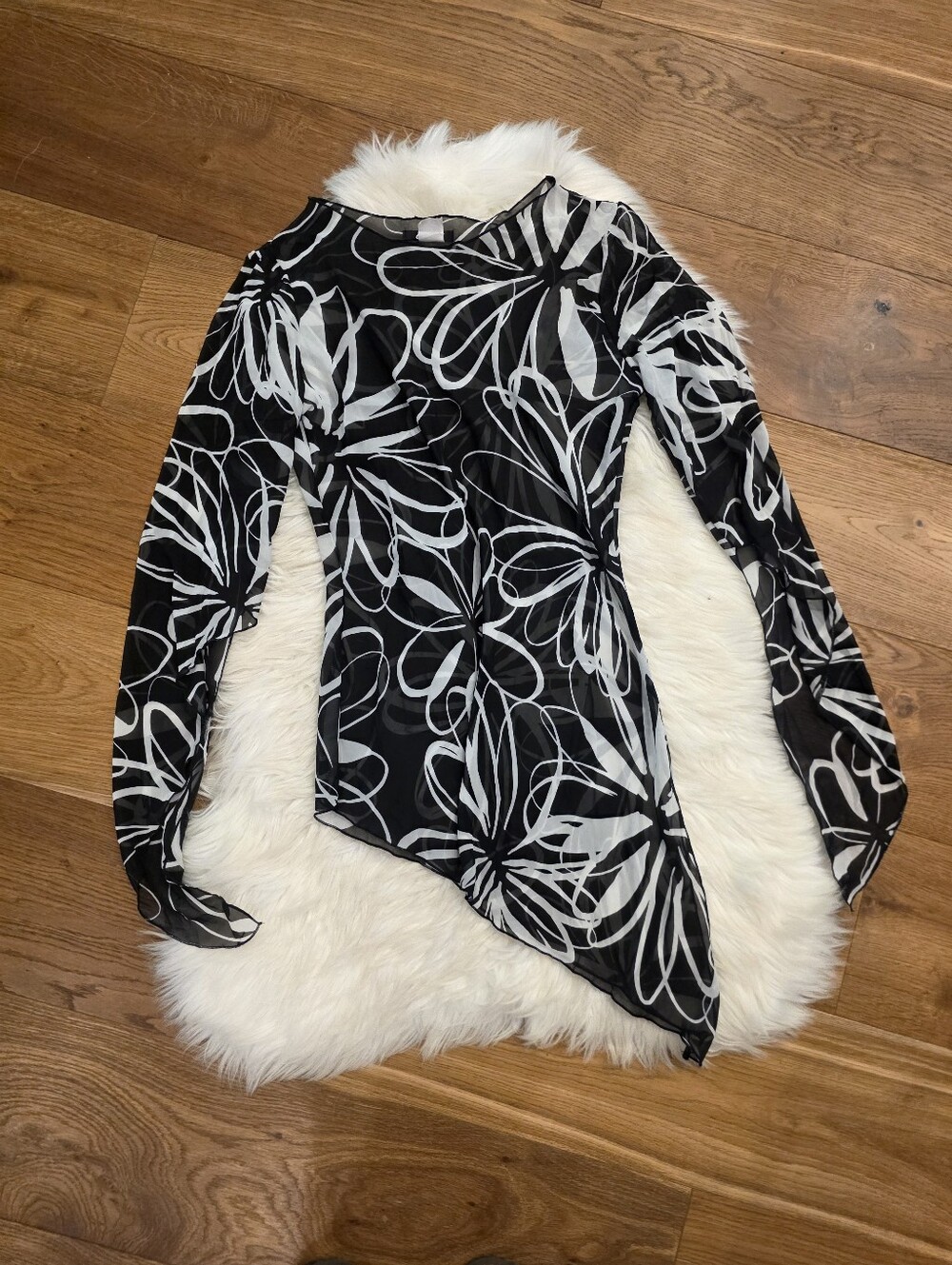 Vintage Black & White Floral Asymmetrical Sheer Top